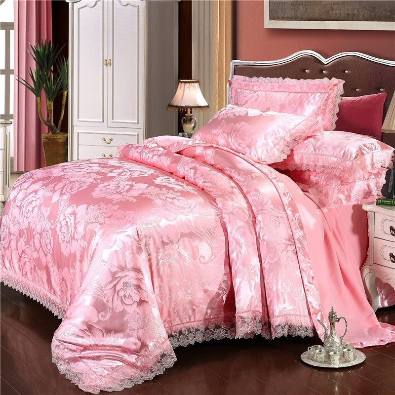 KTX-866899 Satin Jacquard Three-Piece Fitted Sheet Set with Duvet Cover and Pillowcases