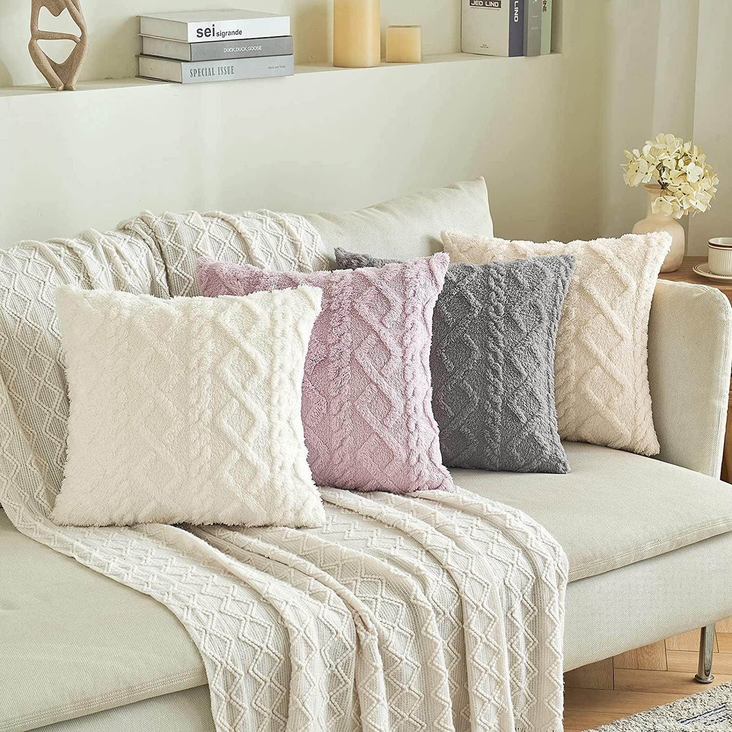 KTX-867475 Plush Jacquard Cut Flower Pillow Cover - Solid Color & Geometric Patterns