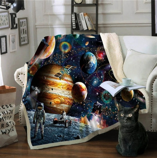 KTX-870803 Plush Sloth Blanket for Bed - Cartoon Animal Sherpa Fleece and Soft Crystal Velvet, Outer Space Design