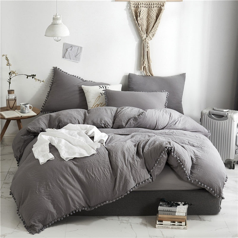 KTX-870867 Three-Piece Light Gray Pure Color Washed Ball Quilt Cover Set in Soft Polyester Fiber