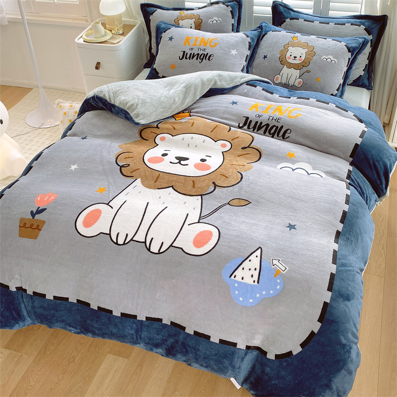 KTX-871187 Cute Cartoon Milk Velvet 4-Piece Bedding Set for Warmth and Comfort