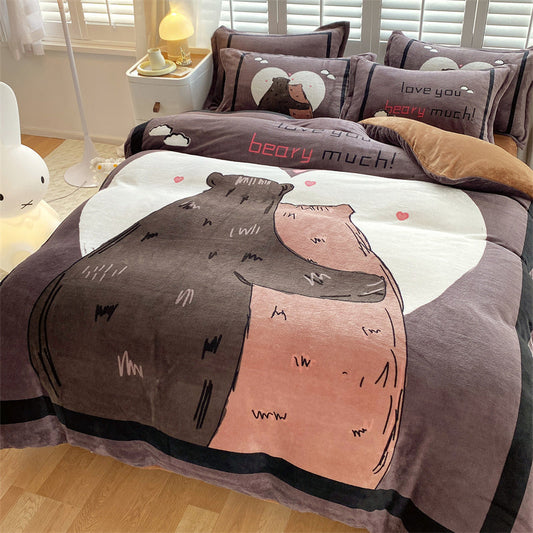 KTX-871187 Cute Cartoon Milk Velvet 4-Piece Bedding Set for Warmth and Comfort
