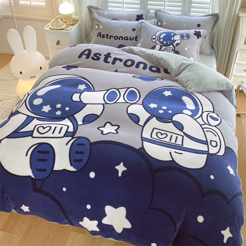 KTX-871187 Cute Cartoon Milk Velvet 4-Piece Bedding Set for Warmth and Comfort