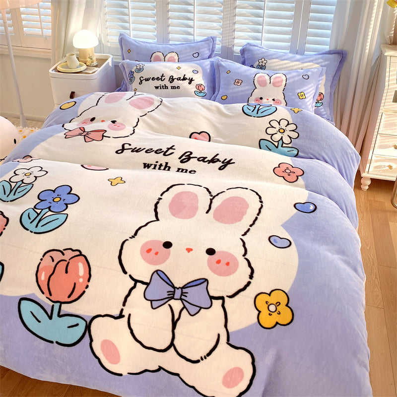KTX-871187 Cute Cartoon Milk Velvet 4-Piece Bedding Set for Warmth and Comfort