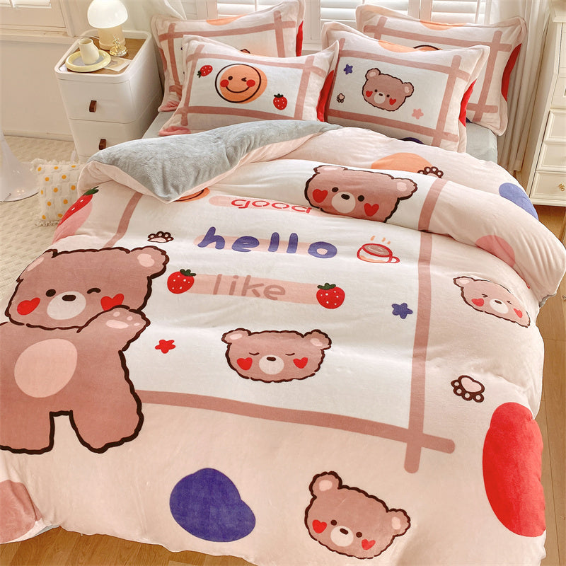KTX-871187 Cute Cartoon Milk Velvet 4-Piece Bedding Set for Warmth and Comfort