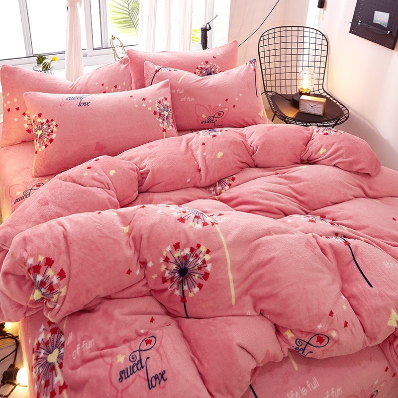 KTX-872339 Flannel Bedding Set of 4 with Cute Floral Patterns - Includes Bed Sheet Cover, Quilt Cover, and Pillowcase