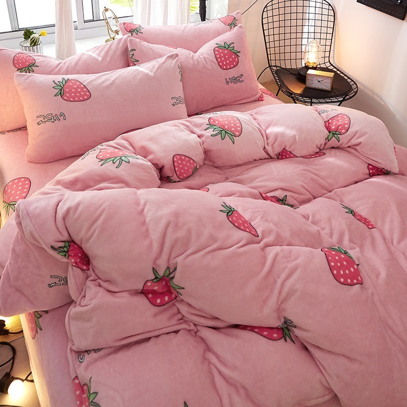 KTX-872339 Flannel Bedding Set of 4 with Cute Floral Patterns - Includes Bed Sheet Cover, Quilt Cover, and Pillowcase