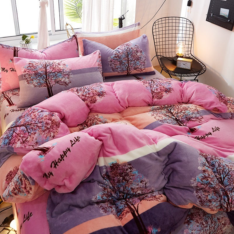 KTX-872339 Flannel Bedding Set of 4 with Cute Floral Patterns - Includes Bed Sheet Cover, Quilt Cover, and Pillowcase