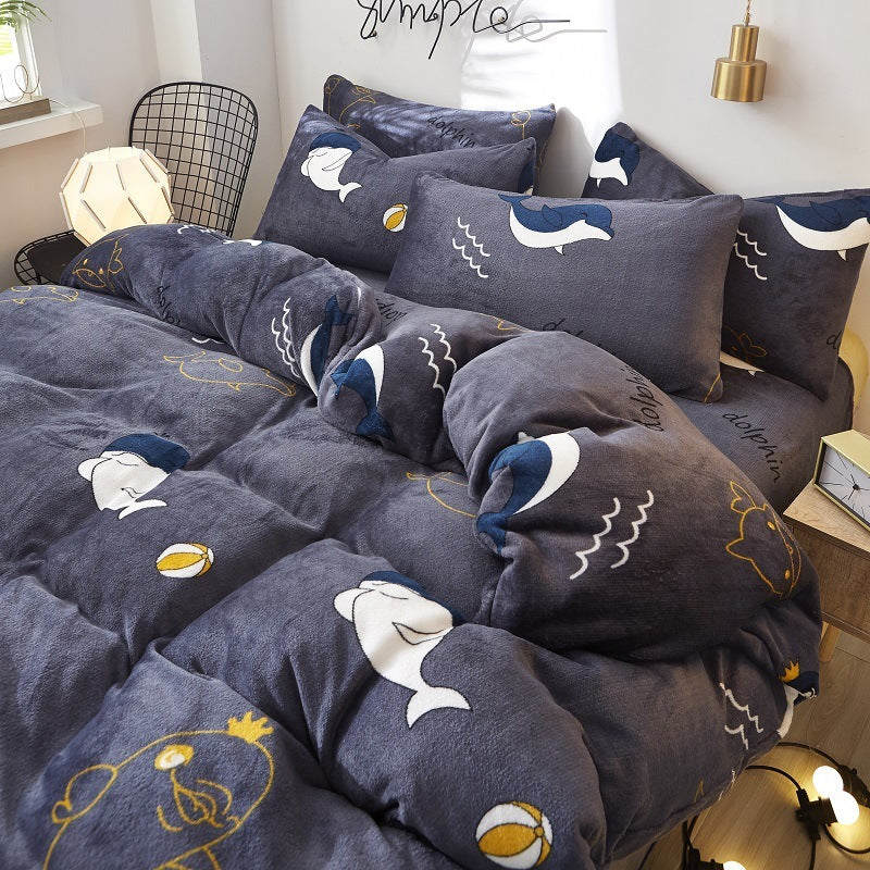 KTX-872339 Flannel Bedding Set of 4 with Cute Floral Patterns - Includes Bed Sheet Cover, Quilt Cover, and Pillowcase