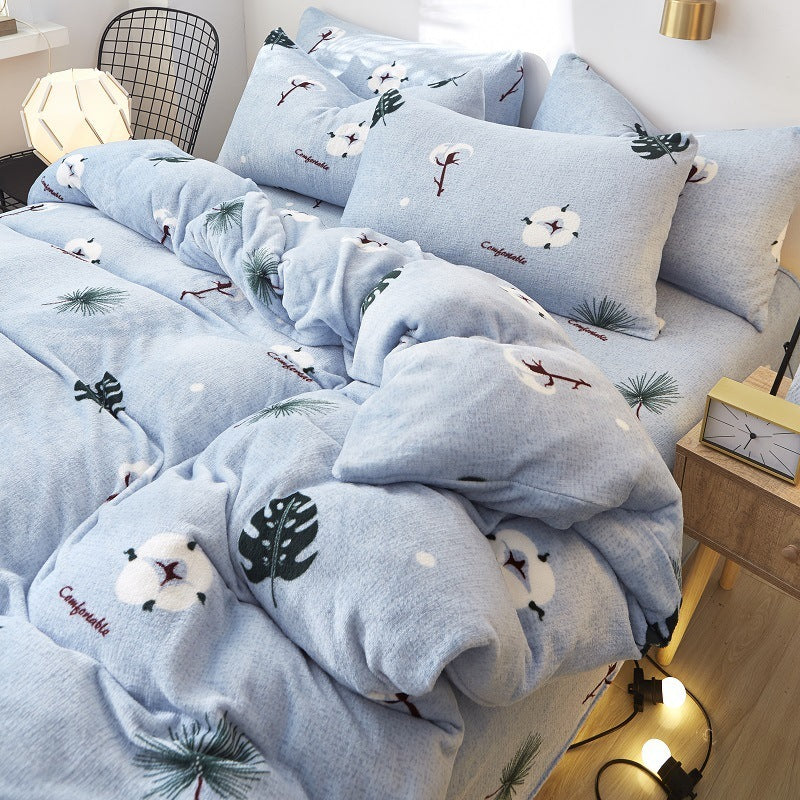 KTX-872339 Flannel Bedding Set of 4 with Cute Floral Patterns - Includes Bed Sheet Cover, Quilt Cover, and Pillowcase