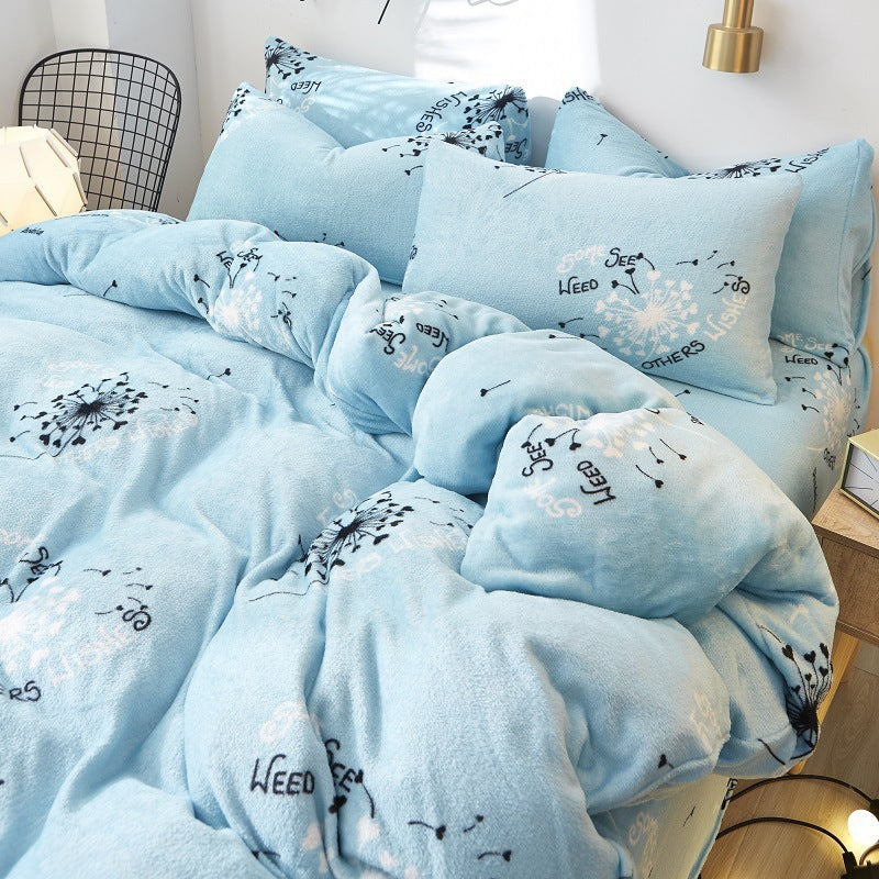 KTX-872339 Flannel Bedding Set of 4 with Cute Floral Patterns - Includes Bed Sheet Cover, Quilt Cover, and Pillowcase