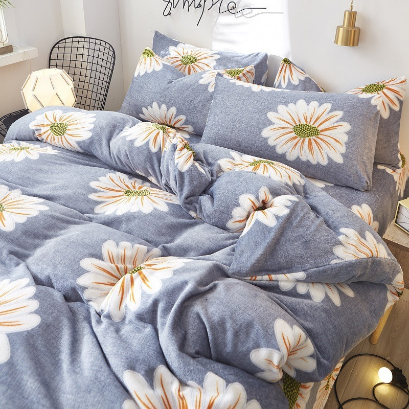 KTX-872339 Flannel Bedding Set of 4 with Cute Floral Patterns - Includes Bed Sheet Cover, Quilt Cover, and Pillowcase