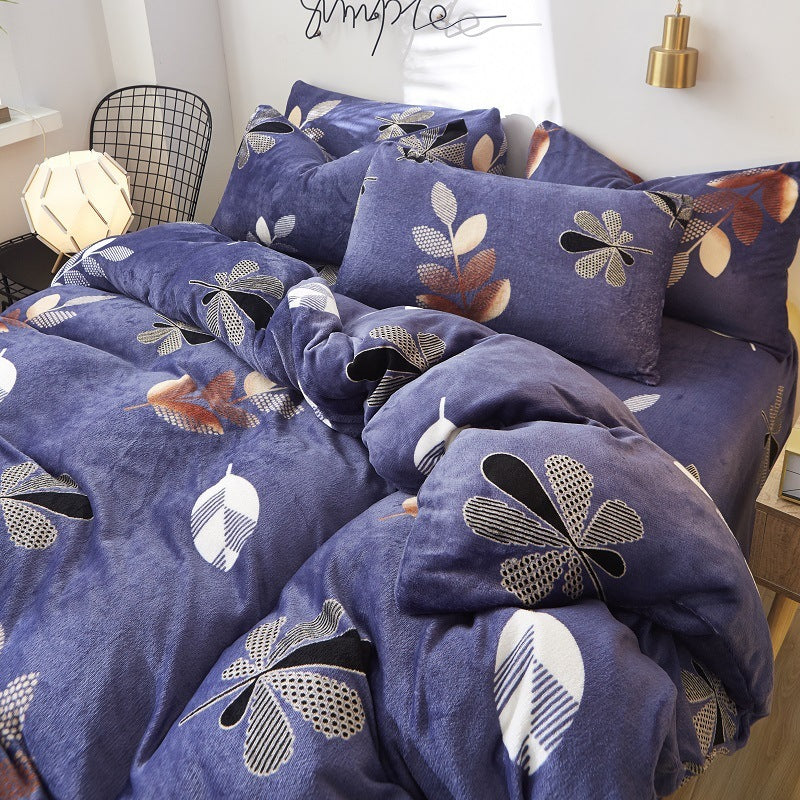 KTX-872339 Flannel Bedding Set of 4 with Cute Floral Patterns - Includes Bed Sheet Cover, Quilt Cover, and Pillowcase