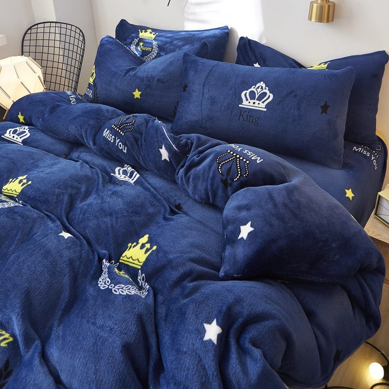 KTX-872339 Flannel Bedding Set of 4 with Cute Floral Patterns - Includes Bed Sheet Cover, Quilt Cover, and Pillowcase