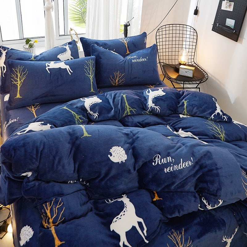 KTX-872339 Flannel Bedding Set of 4 with Cute Floral Patterns - Includes Bed Sheet Cover, Quilt Cover, and Pillowcase