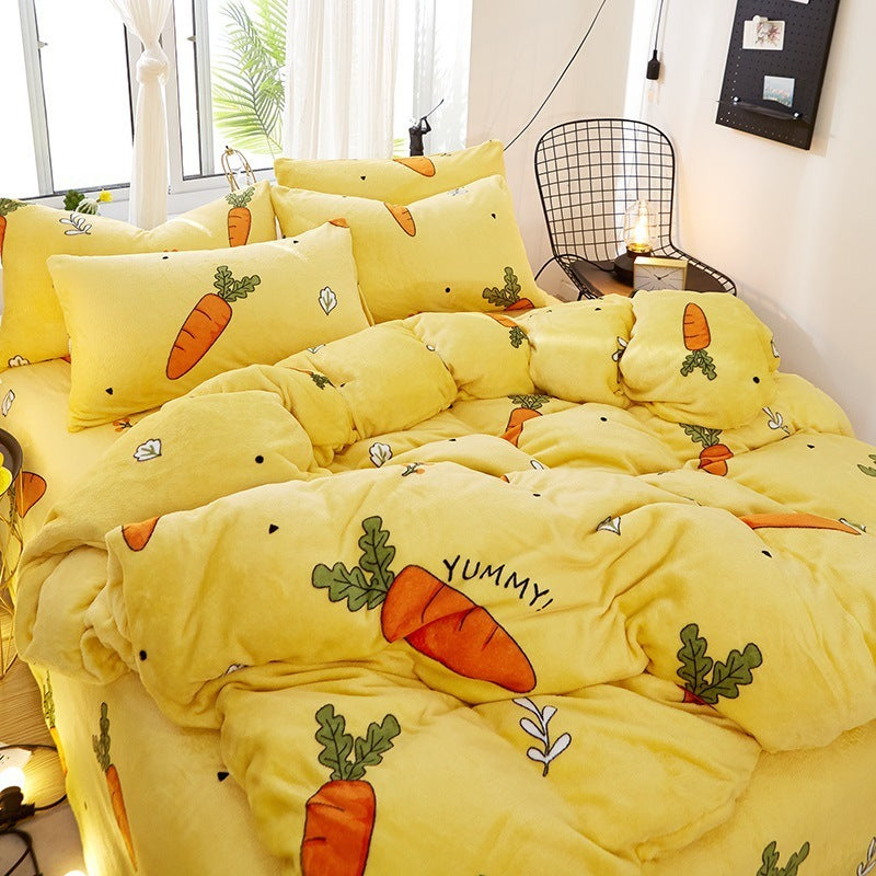 KTX-872339 Flannel Bedding Set of 4 with Cute Floral Patterns - Includes Bed Sheet Cover, Quilt Cover, and Pillowcase