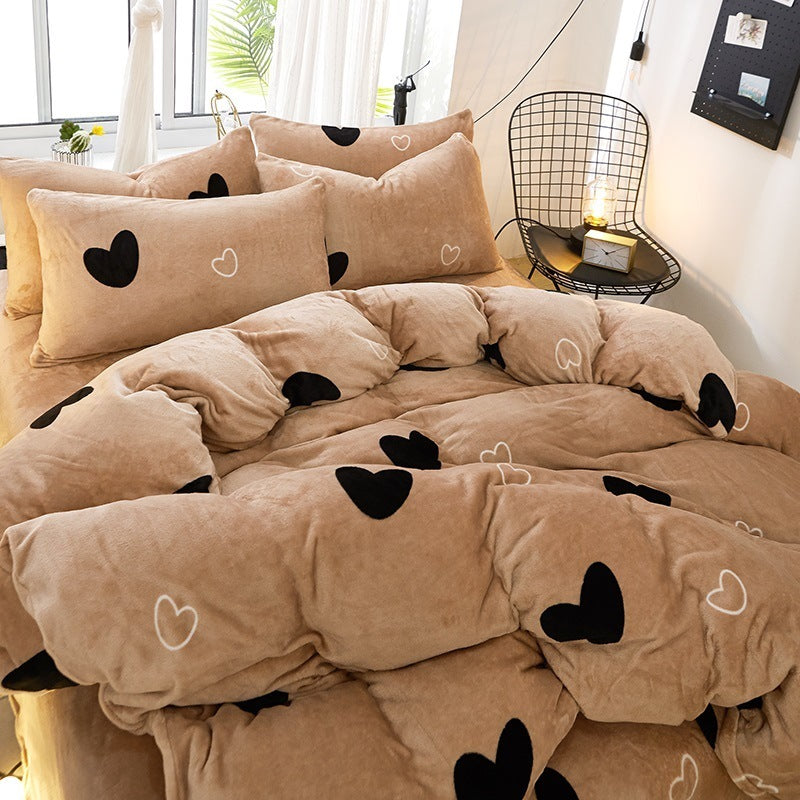 KTX-872339 Flannel Bedding Set of 4 with Cute Floral Patterns - Includes Bed Sheet Cover, Quilt Cover, and Pillowcase