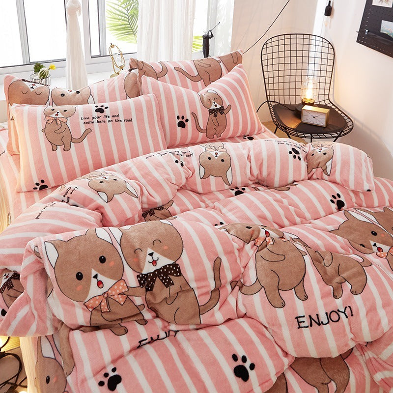 KTX-872339 Flannel Bedding Set of 4 with Cute Floral Patterns - Includes Bed Sheet Cover, Quilt Cover, and Pillowcase