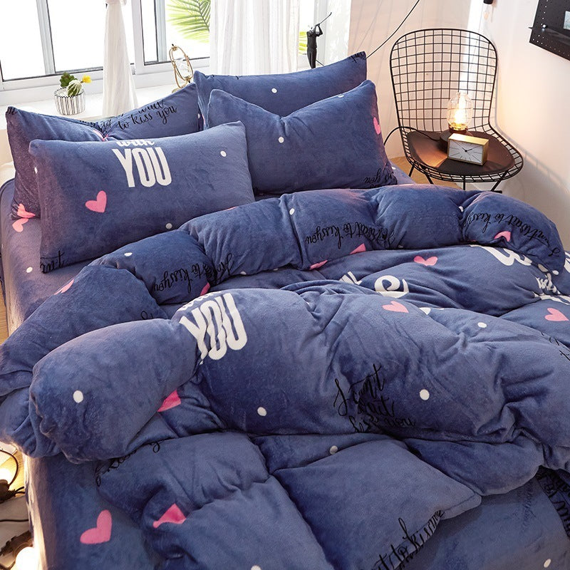 KTX-872339 Flannel Bedding Set of 4 with Cute Floral Patterns - Includes Bed Sheet Cover, Quilt Cover, and Pillowcase