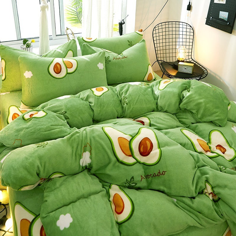 KTX-872339 Flannel Bedding Set of 4 with Cute Floral Patterns - Includes Bed Sheet Cover, Quilt Cover, and Pillowcase