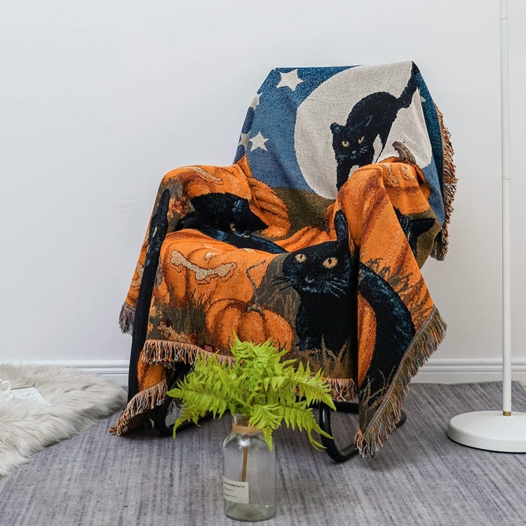 KTX-873171 Halloween-Inspired Cotton and Polyester Tassel Line Blanket for Sofa, Bed, and Window Sill