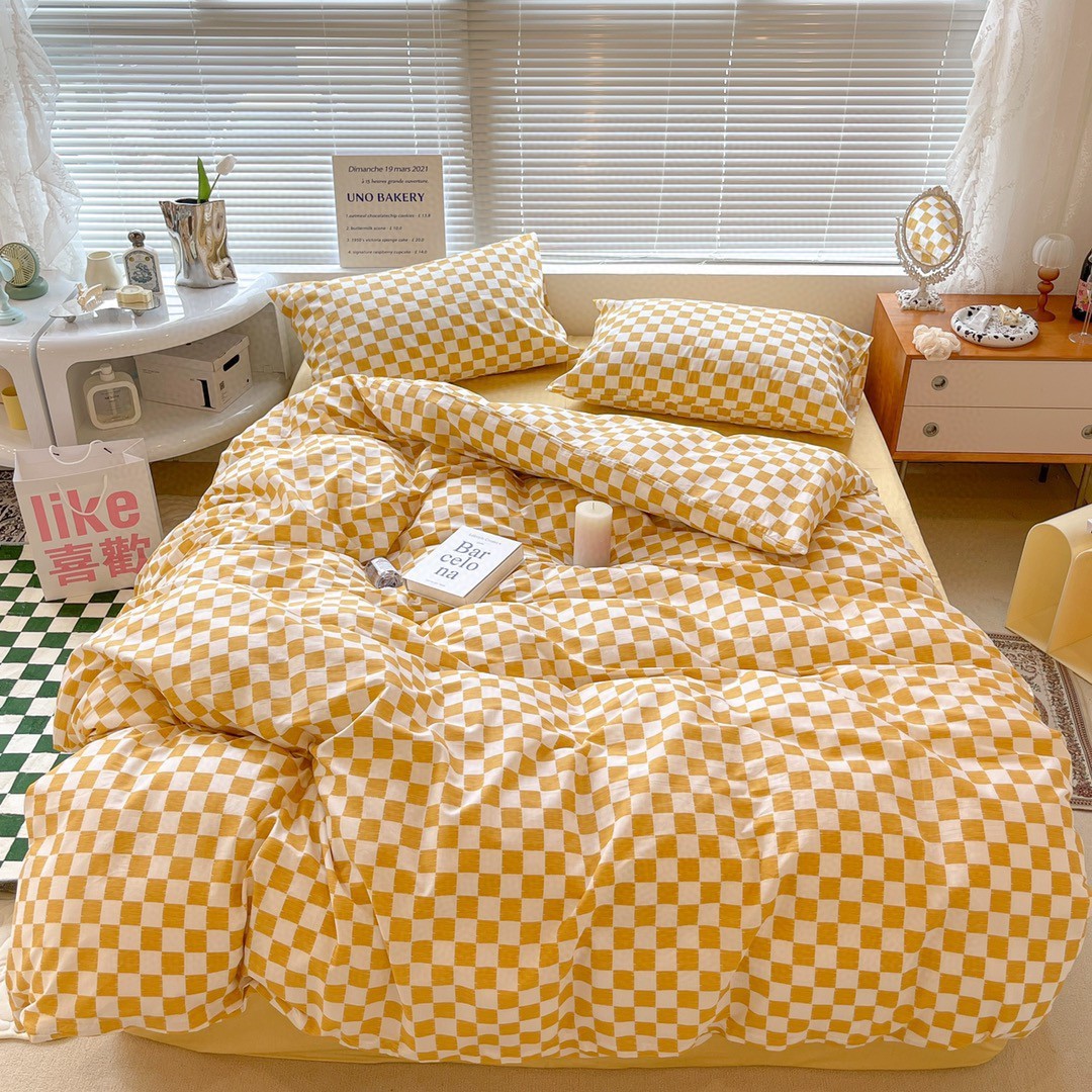KTX-874643 Cotton Checkerboard Bed Set - 4-Piece Bedding in Blue, Pink, Yellow, Black & White Geometric Design