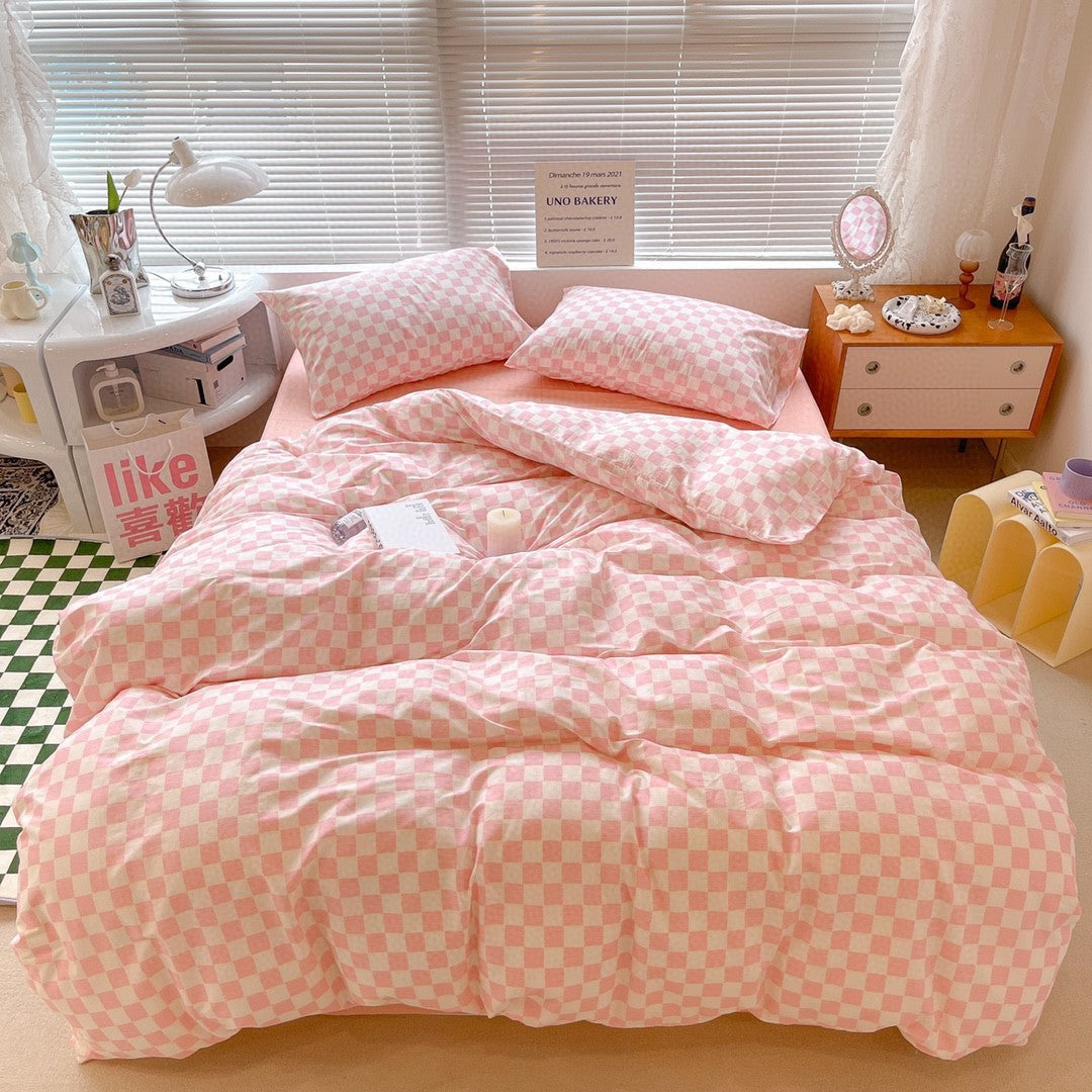 KTX-874643 Cotton Checkerboard Bed Set - 4-Piece Bedding in Blue, Pink, Yellow, Black & White Geometric Design