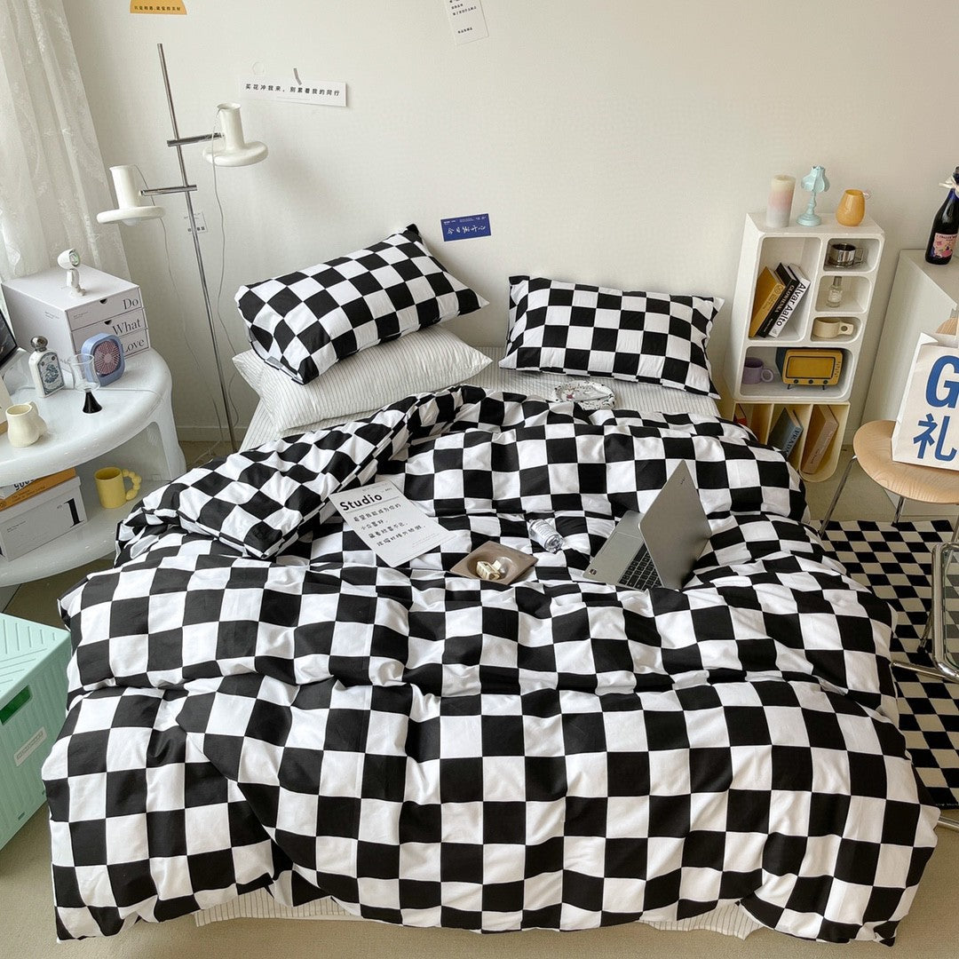 KTX-874643 Cotton Checkerboard Bed Set - 4-Piece Bedding in Blue, Pink, Yellow, Black & White Geometric Design