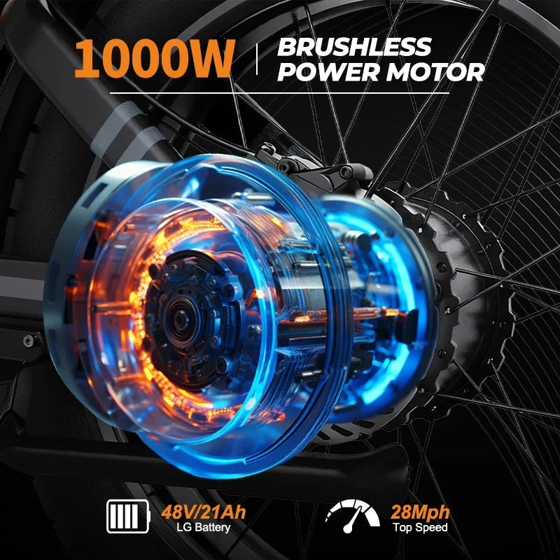 KTX-875027 48V 1000W Electric Hybrid Fat Tire Bike - HEZZO K5 with 21Ah Lithium Battery, 7-Speed, 20" Wheels, Front & Rear Suspension