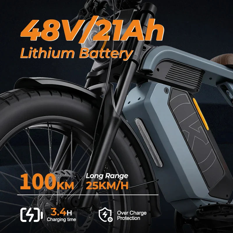 KTX-875027 48V 1000W Electric Hybrid Fat Tire Bike - HEZZO K5 with 21Ah Lithium Battery, 7-Speed, 20" Wheels, Front & Rear Suspension