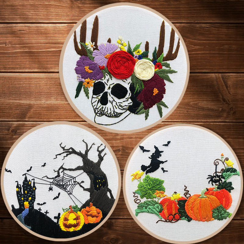 KTX-875155 Beginner's Three Dimensional Embroidery Kit - Cotton & Linen, Modern Designs (Skull Flowers, Pumpkin Spider Web, Halloween Pumpkin)