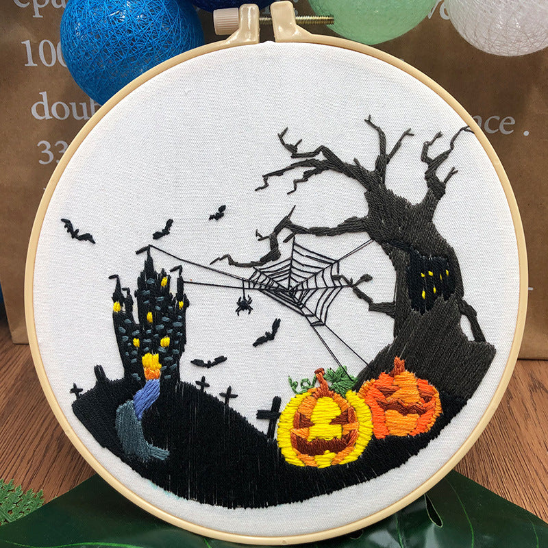 KTX-875155 Beginner's Three Dimensional Embroidery Kit - Cotton & Linen, Modern Designs (Skull Flowers, Pumpkin Spider Web, Halloween Pumpkin)