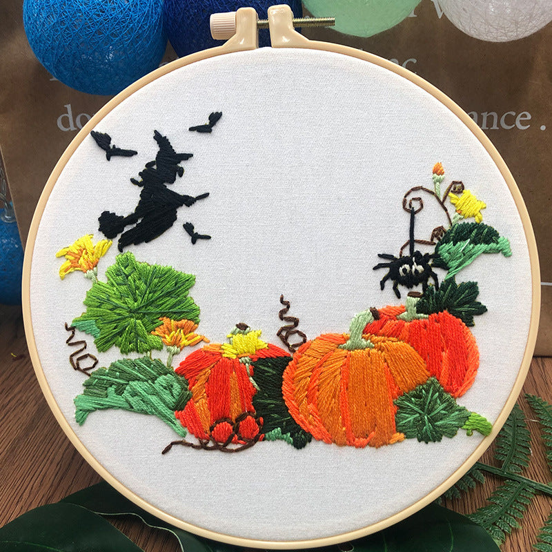 KTX-875155 Beginner's Three Dimensional Embroidery Kit - Cotton & Linen, Modern Designs (Skull Flowers, Pumpkin Spider Web, Halloween Pumpkin)