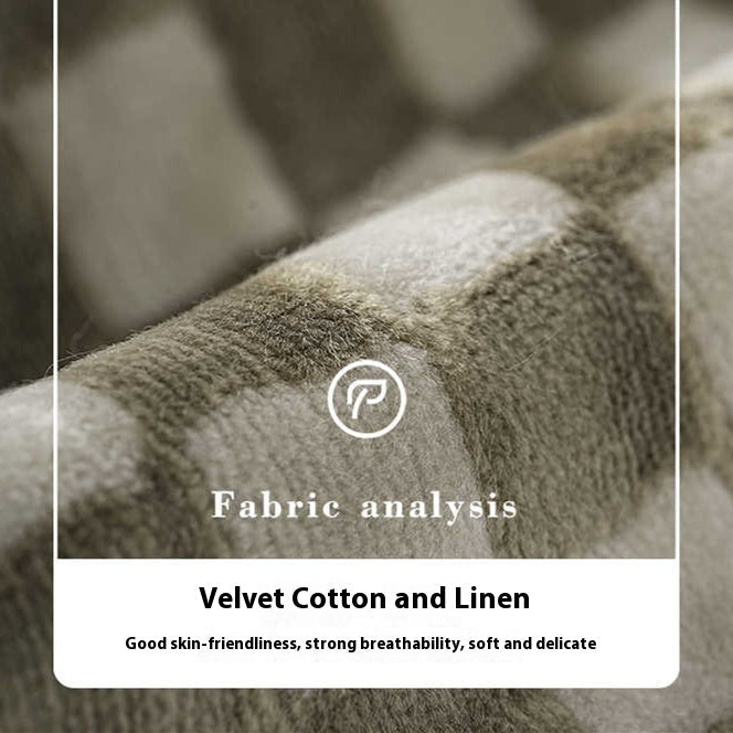 KTX-875283 Nordic Minimalist Green Checkerboard Plush Cushion - 30x50cm Fleece and Cotton Blend