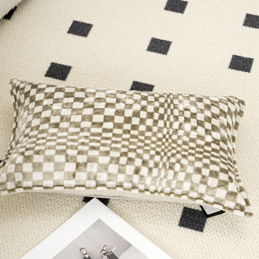 KTX-875283 Nordic Minimalist Green Checkerboard Plush Cushion - 30x50cm Fleece and Cotton Blend