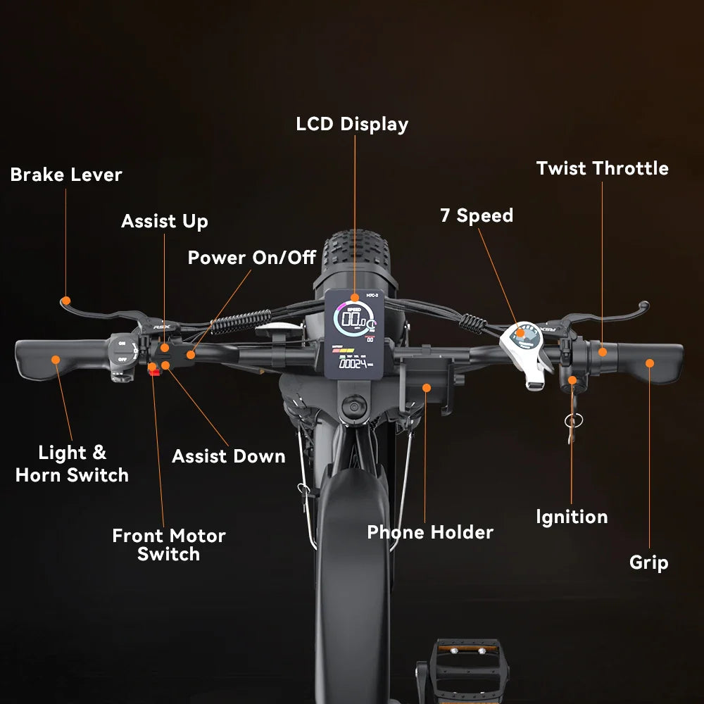 KTX-876179 52V 2000W Electric Fat Tire Bike Dual Battery 7-Speed Mountain Hybrid with Hydraulic Disc Brakes