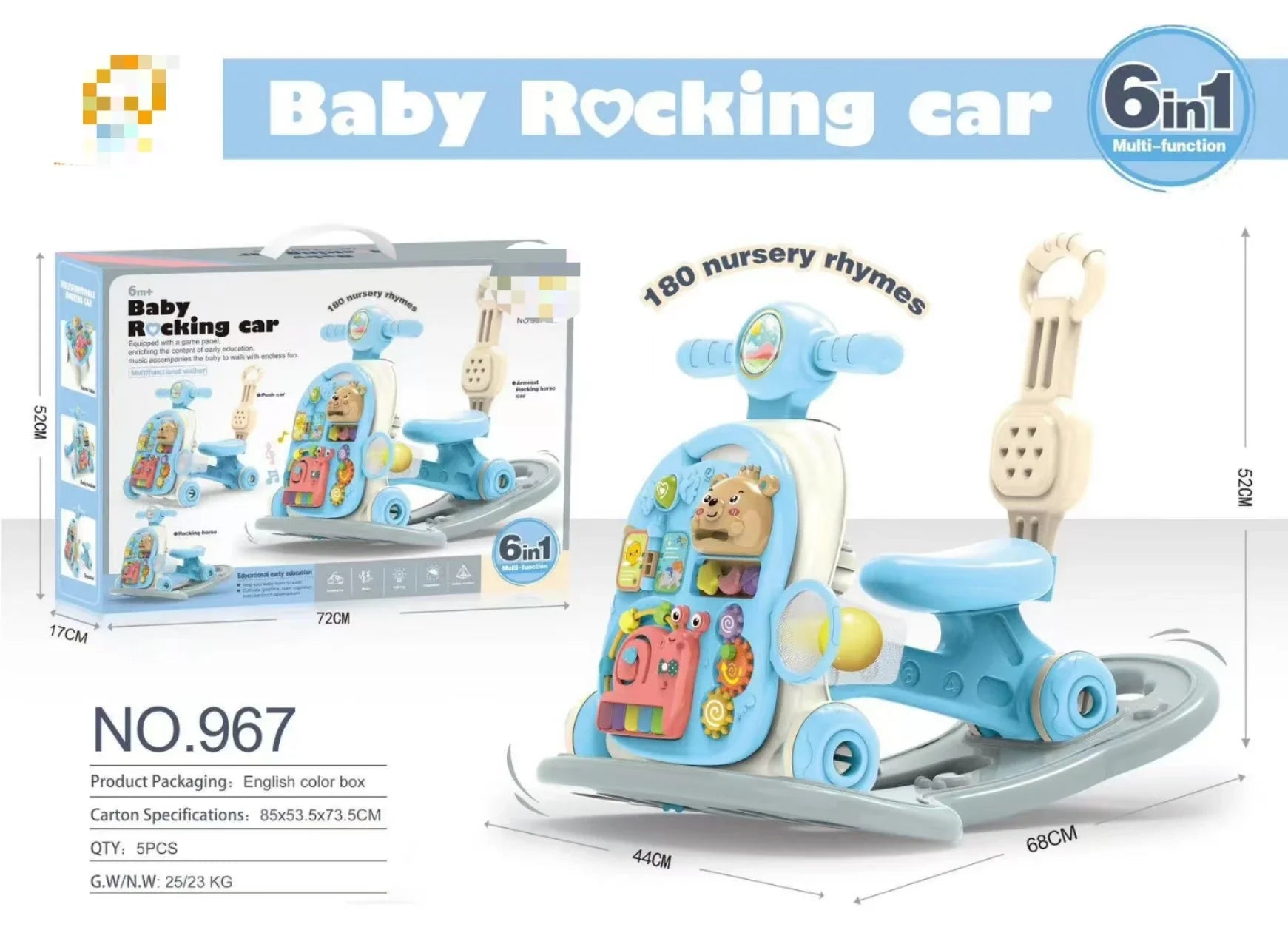 KTX-876307 6-in-1 Multifunctional Baby Rocking Car and Learning Walker for Toddlers