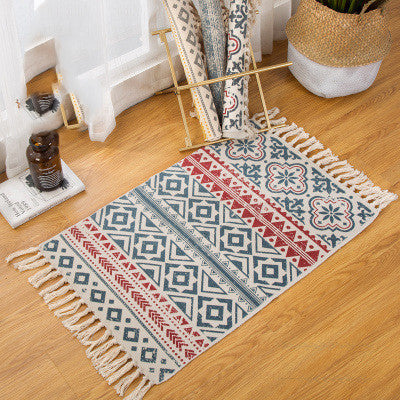 KTX-878099 Bohemian Hand-Woven Cotton and Linen Blend Floor Mat