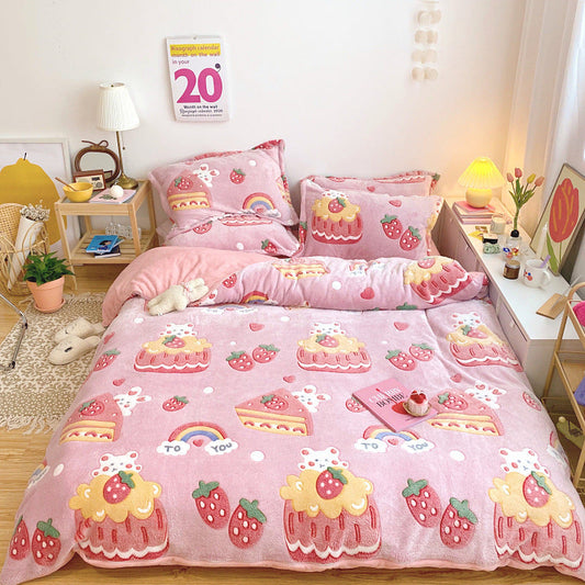 KTX-881235 Cartoon Snow Fleece Bedding Set - 4-Piece Comforter, Sheet, and Pillowcases, Perfect for Cozy Nights