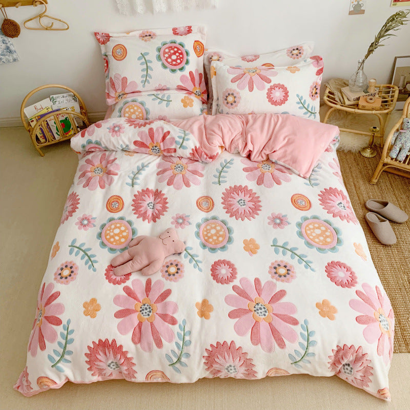 KTX-881235 Cartoon Snow Fleece Bedding Set - 4-Piece Comforter, Sheet, and Pillowcases, Perfect for Cozy Nights