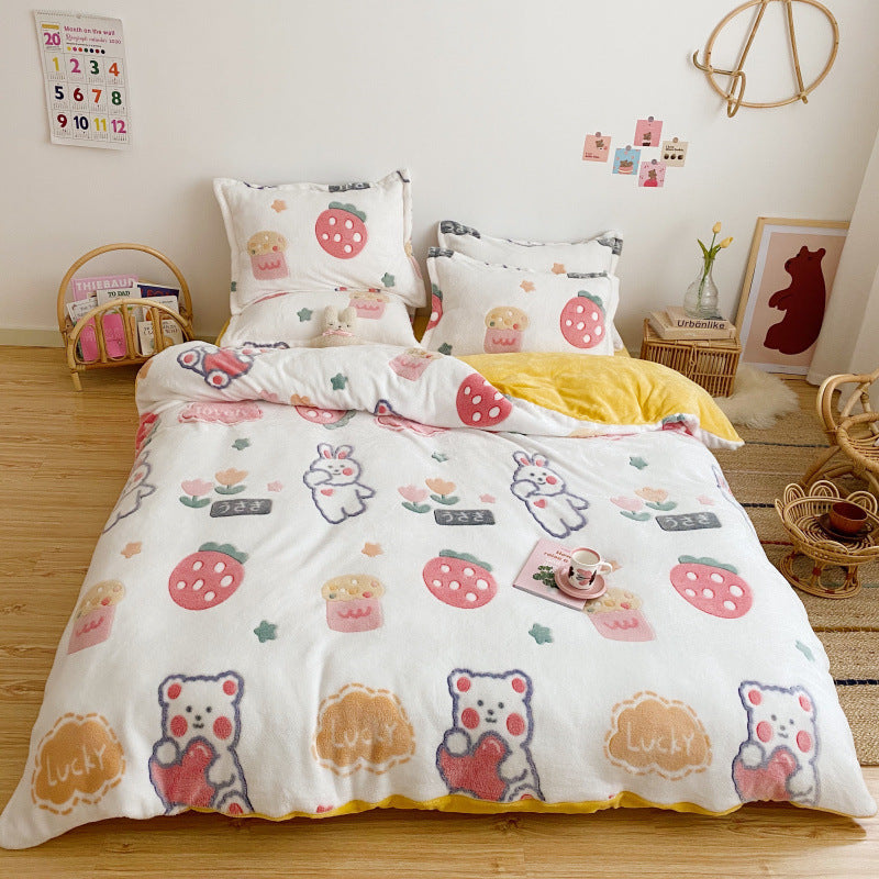 KTX-881235 Cartoon Snow Fleece Bedding Set - 4-Piece Comforter, Sheet, and Pillowcases, Perfect for Cozy Nights
