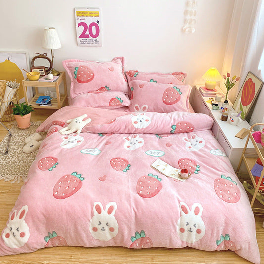 KTX-881235 Cartoon Snow Fleece Bedding Set - 4-Piece Comforter, Sheet, and Pillowcases, Perfect for Cozy Nights