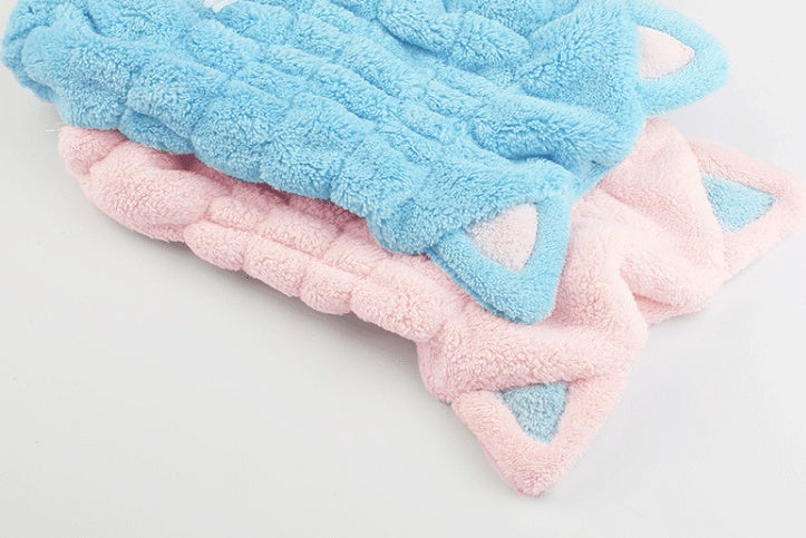 KTX-884115 Cat Ear Hair-Drying Towel in Coral Velvet - Absorbent, Antibacterial, and Easy to Clean