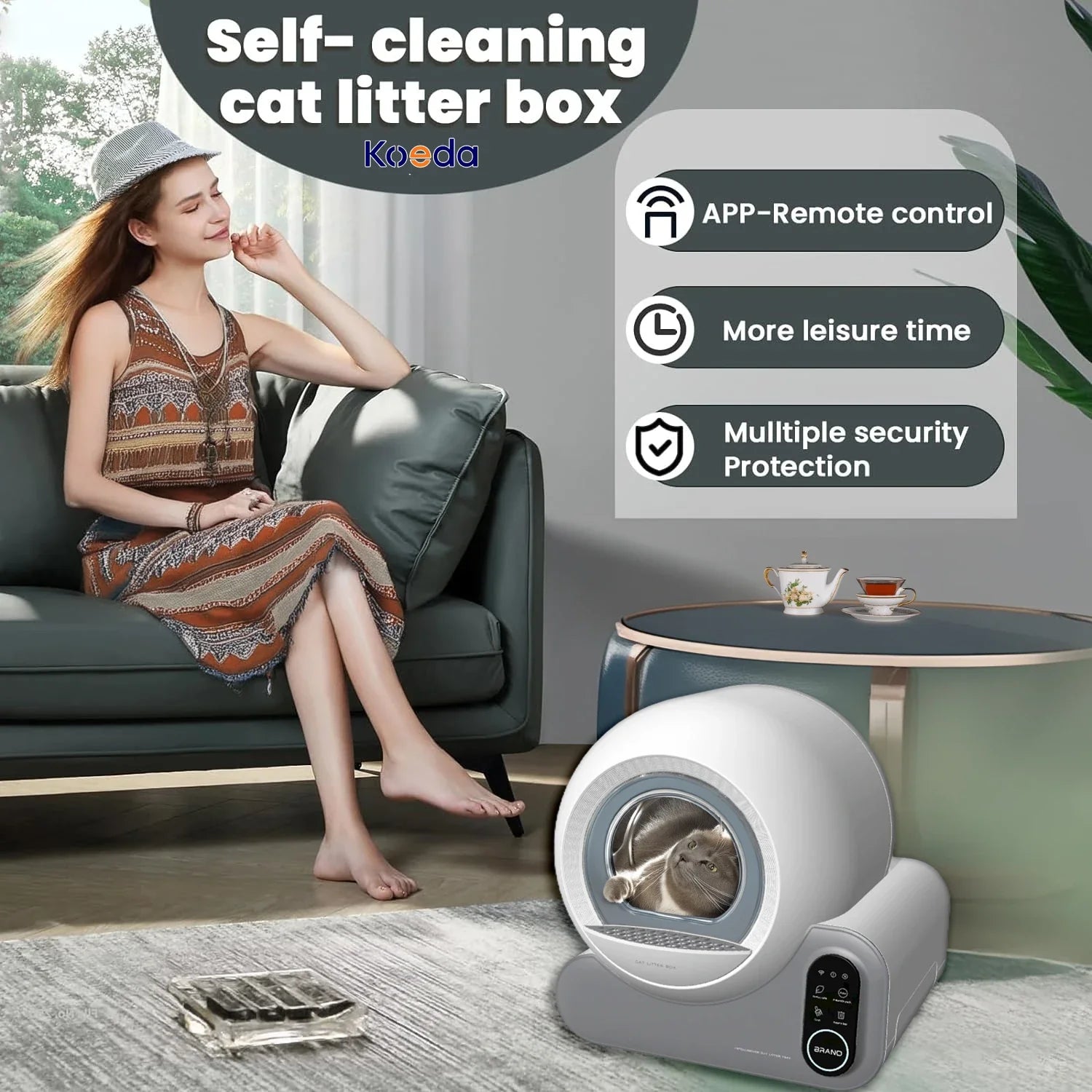 KTX-884819 Automatic Odorless Smart Cat Litter Box with APP Control and Durable Plastic Design