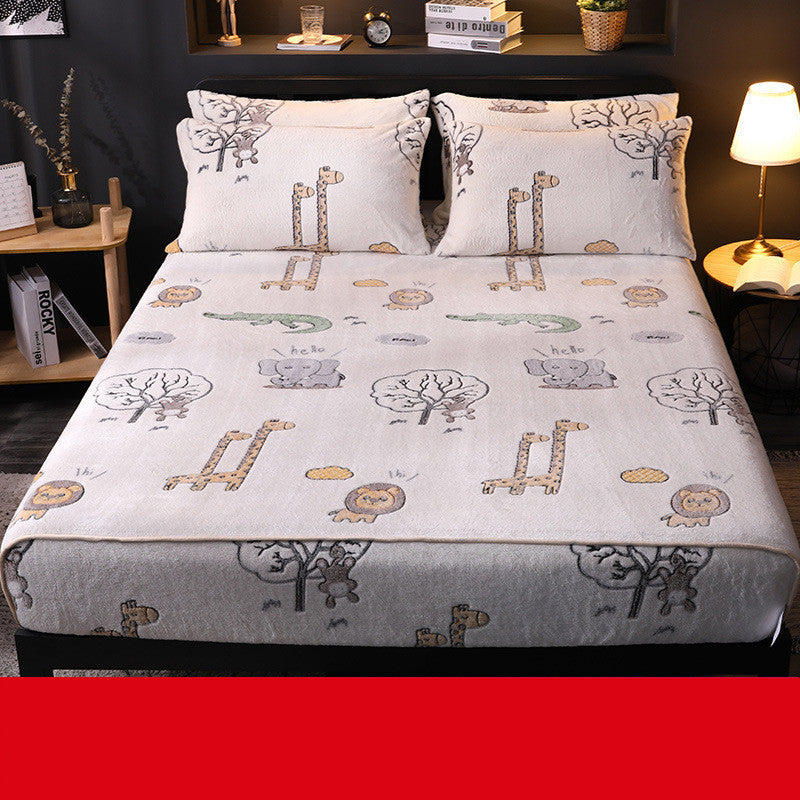 KTX-887827 Coral Fleece Thick Warm Mattress Protector - Modern Velvet Bed Cover with Landscape Patterns