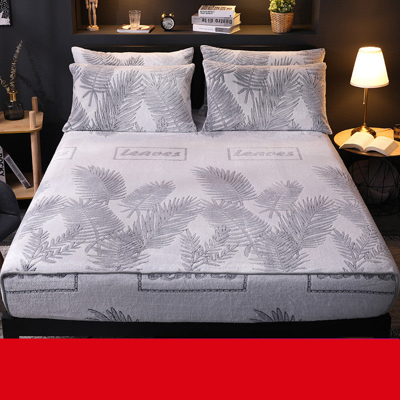 KTX-887827 Coral Fleece Thick Warm Mattress Protector - Modern Velvet Bed Cover with Landscape Patterns