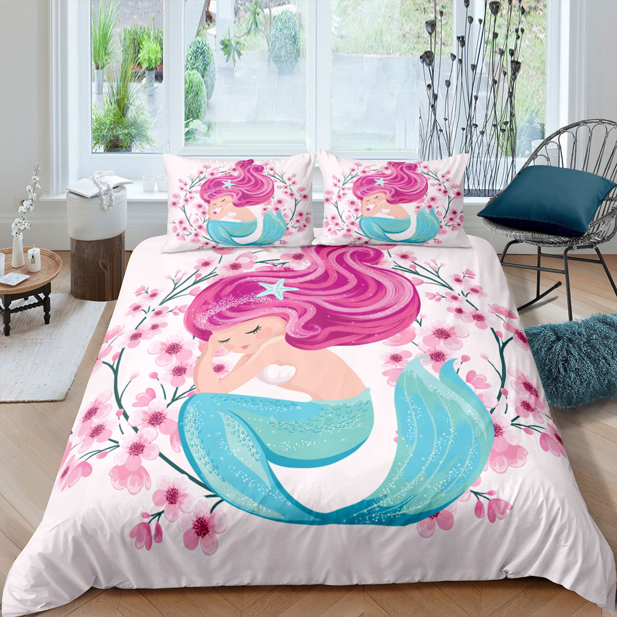 KTX-889299 Rainbow Mermaid Cartoon Duvet Cover Set – Digital Printed Polyester Bedding, Multiple Sizes Available