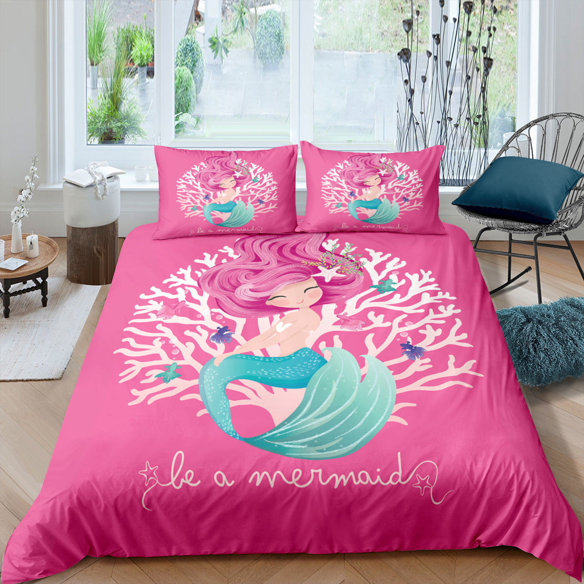 KTX-889299 Rainbow Mermaid Cartoon Duvet Cover Set – Digital Printed Polyester Bedding, Multiple Sizes Available