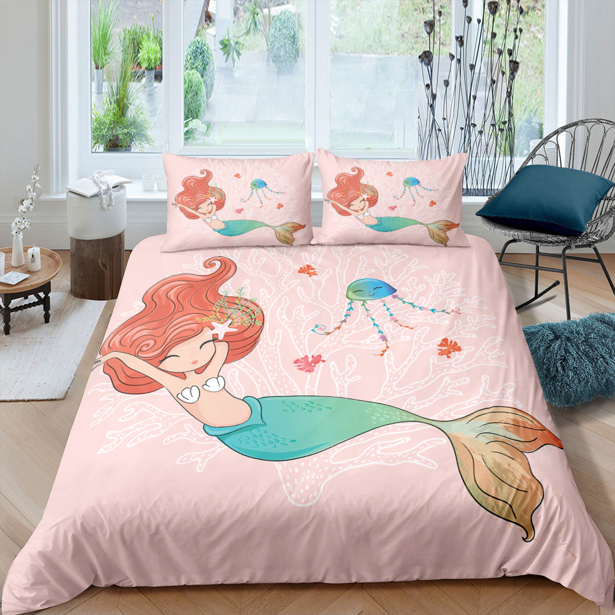 KTX-889299 Rainbow Mermaid Cartoon Duvet Cover Set – Digital Printed Polyester Bedding, Multiple Sizes Available