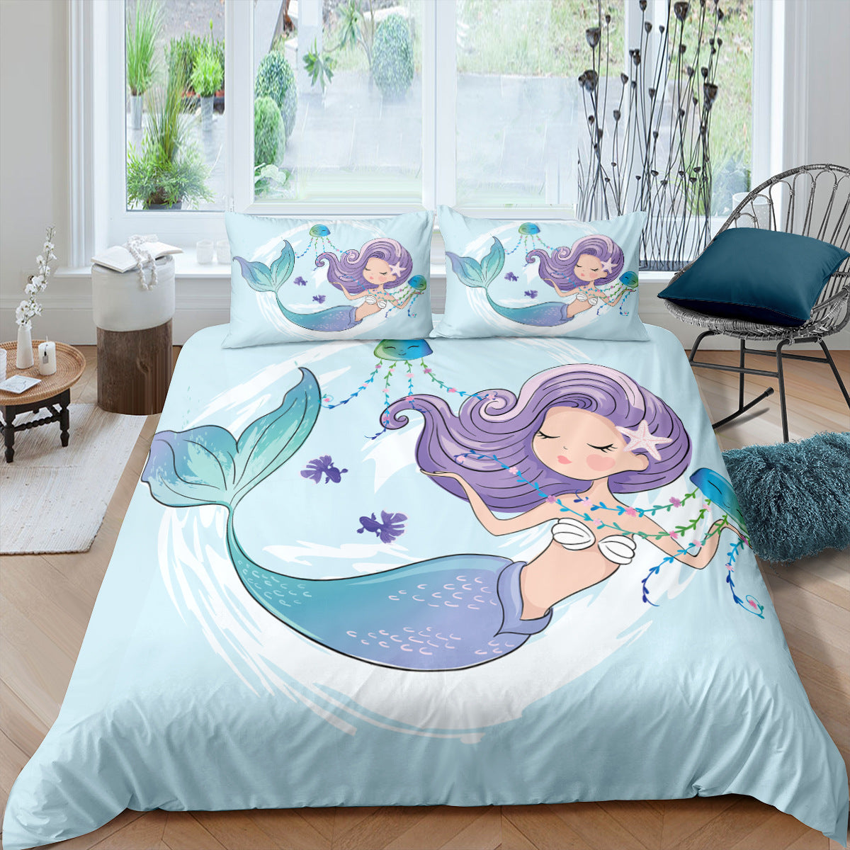 KTX-889299 Rainbow Mermaid Cartoon Duvet Cover Set – Digital Printed Polyester Bedding, Multiple Sizes Available